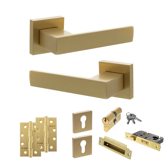 Atlantic UK Hardware Satin Brass 3" Euro Lock Set 4" Slim Knuckle Hinges x2 Senza Pari Panetti on Square Rose ADPSP217SB