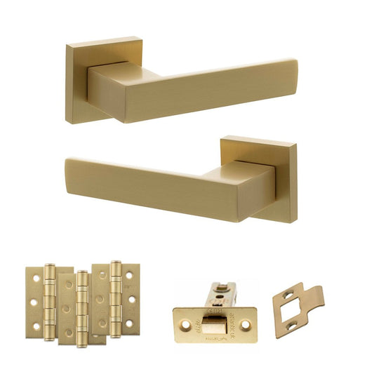 Atlantic UK Hardware Satin Brass 3" Latch Set 3" Grade 7 Hinges x3 Senza Pari Panetti on Square Rose ADPSP217SB2