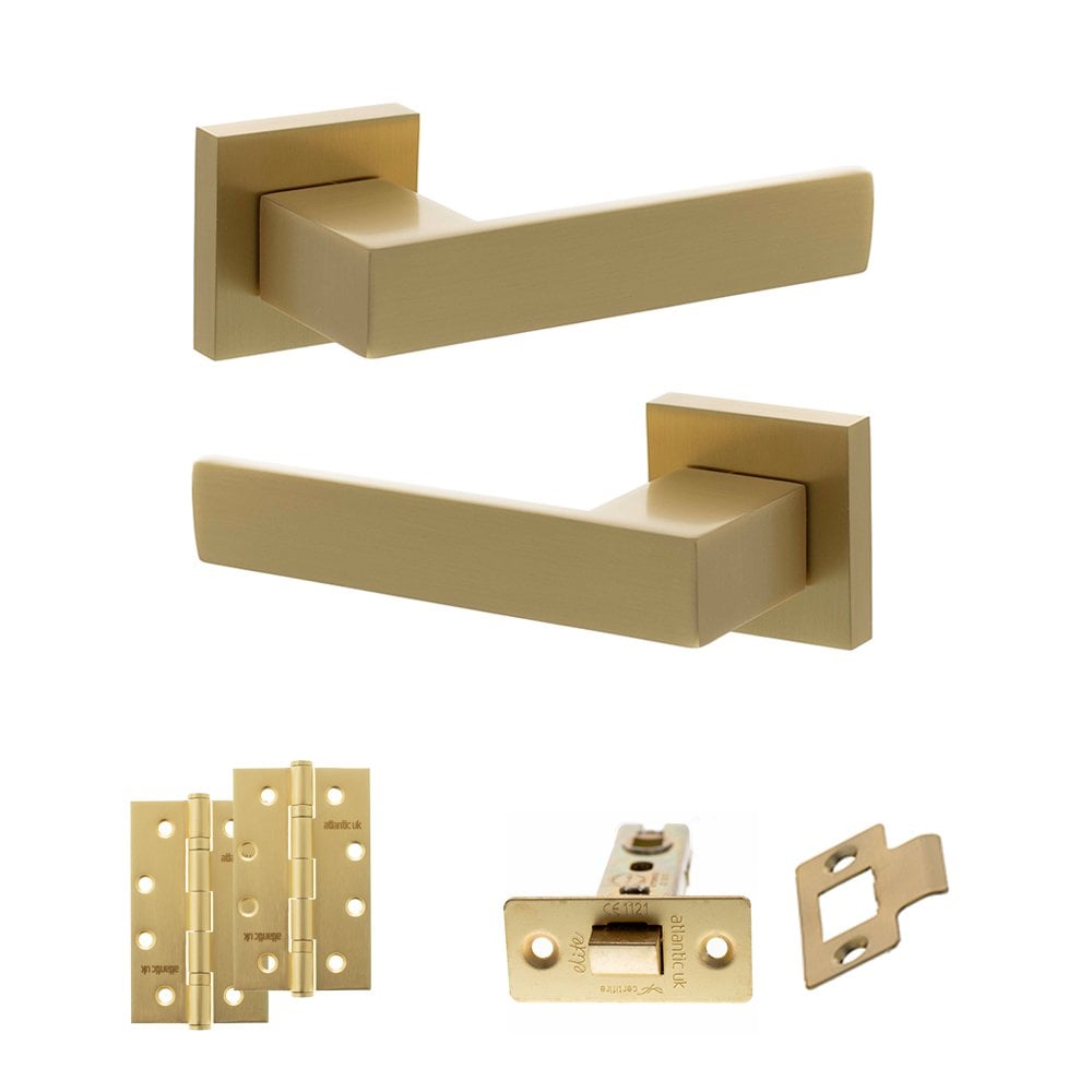 Atlantic UK Hardware Satin Brass 3" Latch Set 4" Slim Knuckle Hinge x2 Senza Pari Panetti on Square Rose ADPSP217SB6