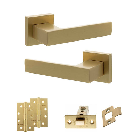 Atlantic UK Hardware Satin Brass 3" Latch Set 4" Slim Knuckle Hinge x2 Senza Pari Panetti on Square Rose ADPSP217SB6