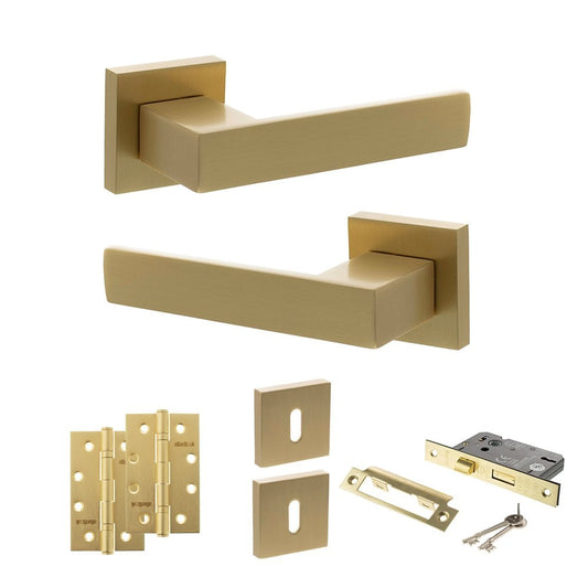Atlantic UK Hardware Satin Brass 3" Sashlock Lock Set 4" Slim Knuckle Hinges x2 Senza Pari Panetti on Square Rose ADPSP2