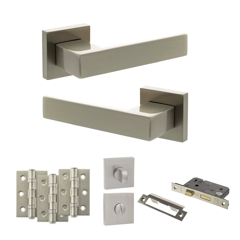 Atlantic UK Hardware Satin Nickel 2.5" Bathroom Set 3" Grade 7 Hinges x3 Senza Pari Panetti on Square Rose ADPSP217SN8