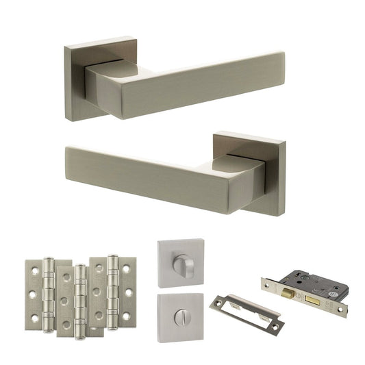 Atlantic UK Hardware Satin Nickel 2.5" Bathroom Set 3" Grade 7 Hinges x3 Senza Pari Panetti on Square Rose ADPSP217SN8