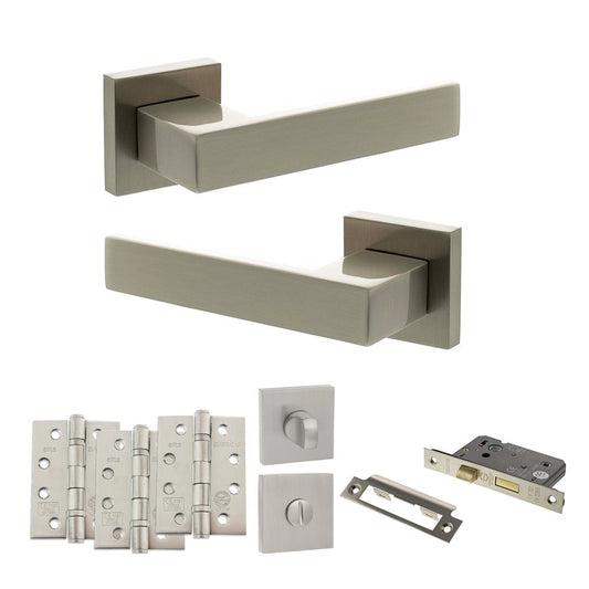 Atlantic UK Hardware Satin Nickel 2.5" Bathroom Set 4" Grade 13 Hinges x3 Senza Pari Panetti on Square Rose ADPSP217SN10