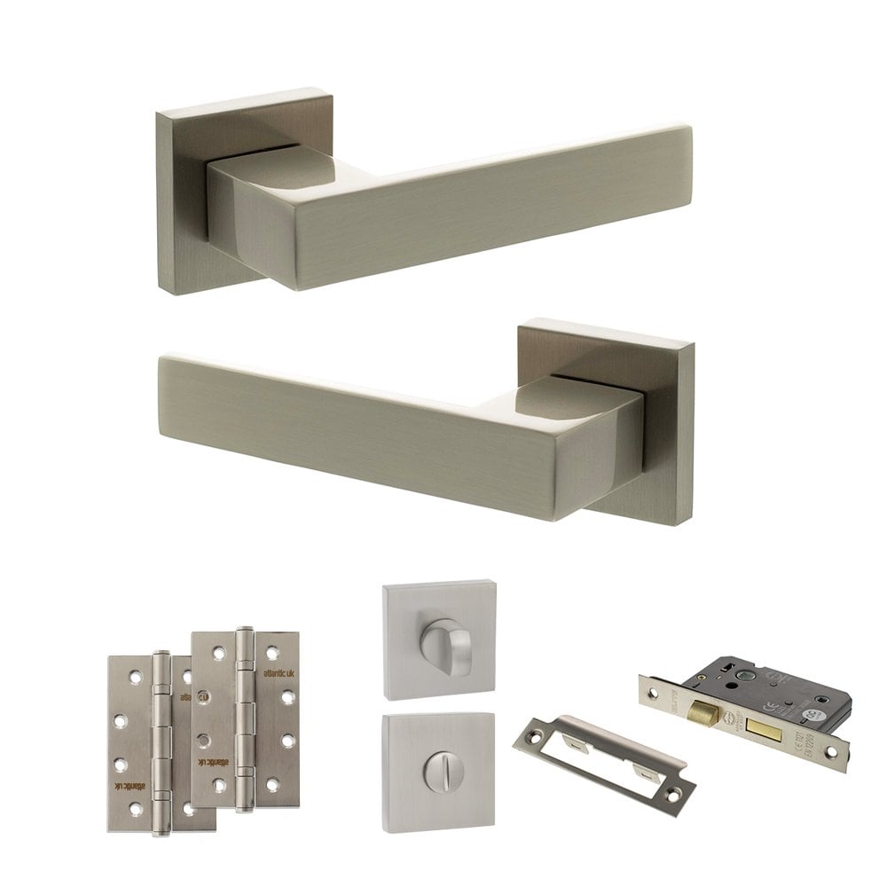 Atlantic UK Hardware Satin Nickel 2.5" Bathroom Set 4" Slim Knuckle Hinges x2 Senza Pari Panetti on Square Rose ADPSP217