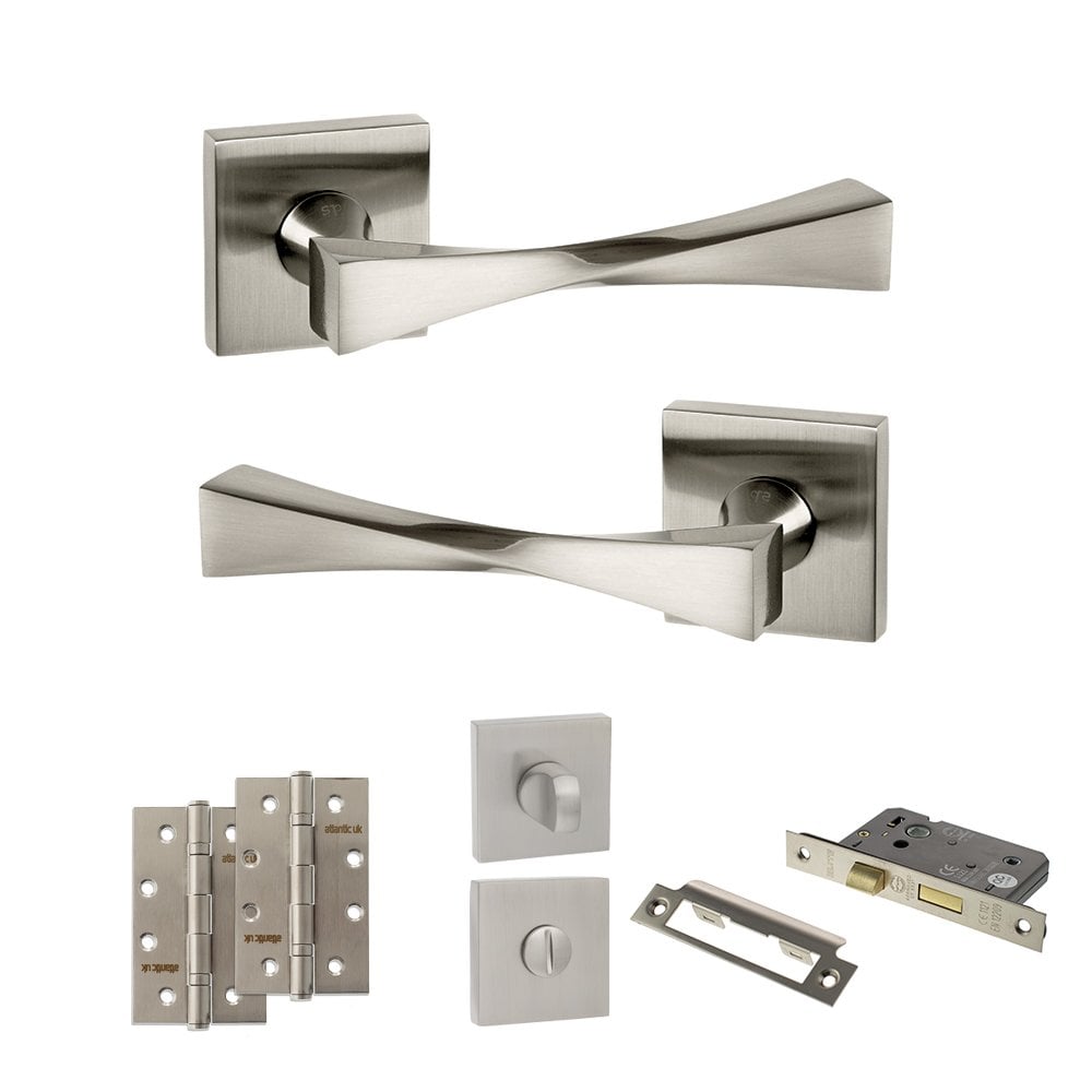 Atlantic UK Hardware Satin Nickel 2.5" Bathroom Set Senza Pari Guido on Square Rose 4" Slim Knuckle Hinges x2 ADPSP190SN