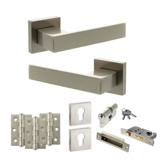 Atlantic UK Hardware Satin Nickel 2.5" Euro Lock Set 3" Grade 7 Hinges x3 Senza Pari Panetti on Square Rose ADPSP217SN20