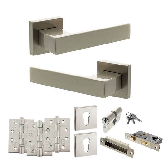 Atlantic UK Hardware Satin Nickel 2.5" Euro Lock Set 4" Grade 13 Hinges x3 Senza Pari Panetti on Square Rose ADPSP217SN2
