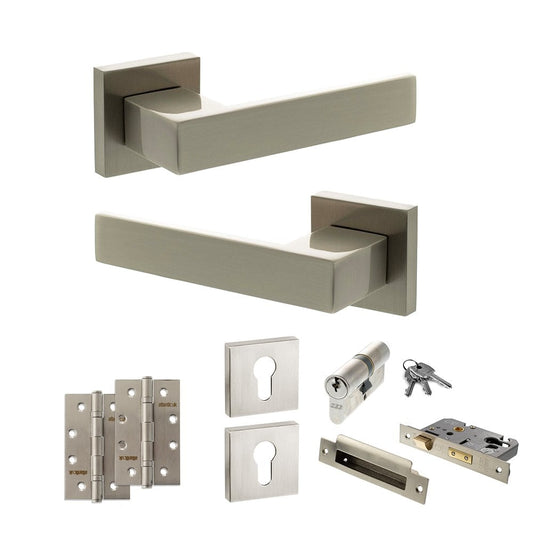 Atlantic UK Hardware Satin Nickel 2.5" Euro Lock Set 4" Slim Knuckle Hinges x2 Senza Pari Panetti on Square Rose ADPSP21
