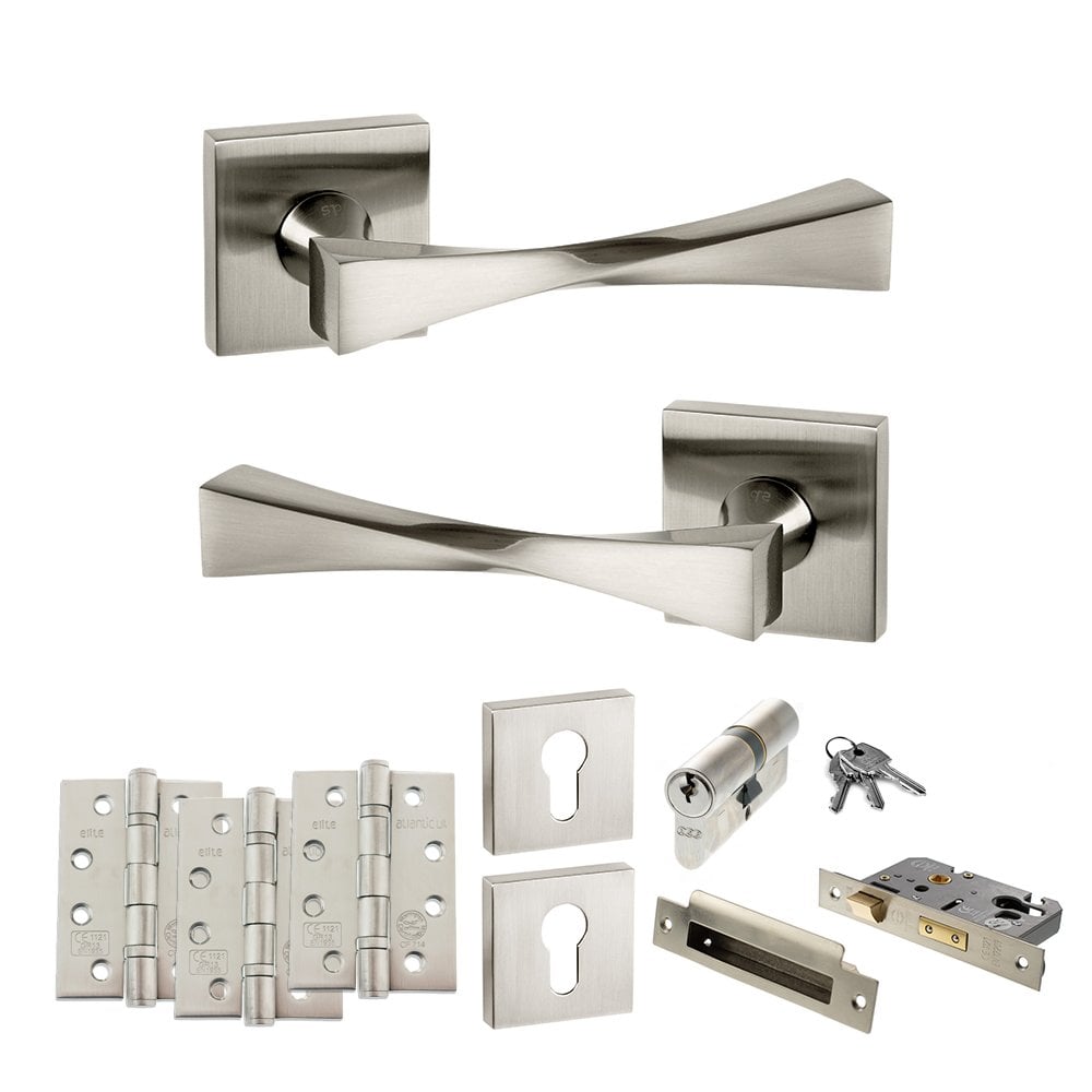 Atlantic UK Hardware Satin Nickel 2.5" Euro Lock Set Senza Pari Guido on Square Rose 4" Grade 13 Hinges x3 ADPSP190SN22