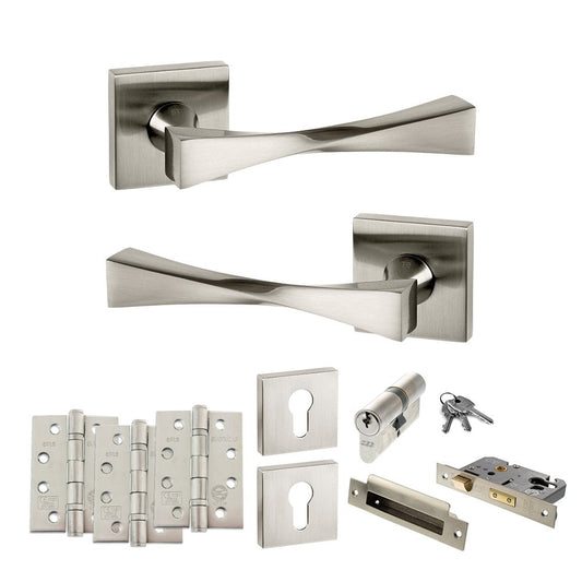 Atlantic UK Hardware Satin Nickel 2.5" Euro Lock Set Senza Pari Guido on Square Rose 4" Grade 13 Hinges x3 ADPSP190SN22