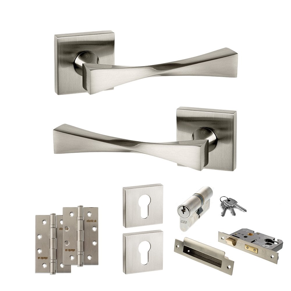 Atlantic UK Hardware Satin Nickel 2.5" Euro Lock Set Senza Pari Guido on Square Rose 4" Slim Knuckle Hinges x2 ADPSP190S
