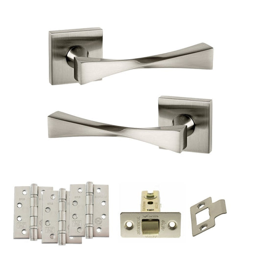 Atlantic UK Hardware Satin Nickel 2.5" Latch Set Senza Pari Guido on Square Rose 4" Grade 13 Hinges x3 ADPSP190SN3