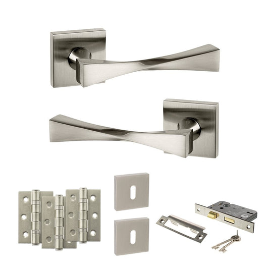Atlantic UK Hardware Satin Nickel 2.5" Sash Lock Set Senza Pari Guido on Square Rose 3" Grade 7 Hinges x3 ADPSP190SN14