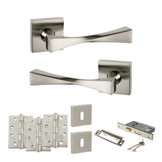 Atlantic UK Hardware Satin Nickel 2.5" Sash Lock Set Senza Pari Guido on Square Rose 4" Grade 13 Hinges x3 ADPSP190SN16