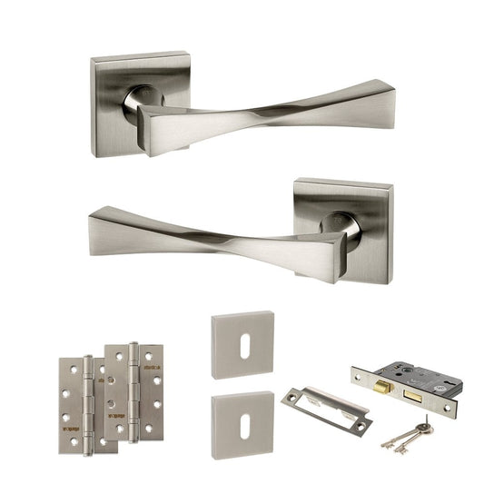 Atlantic UK Hardware Satin Nickel 2.5" Sash Lock Set Senza Pari Guido on Square Rose 4" Slim Knuckle Hinges x2 ADPSP190S