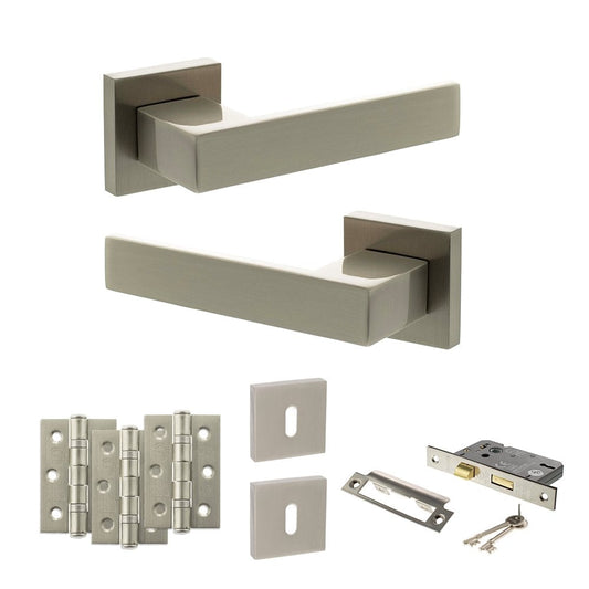 Atlantic UK Hardware Satin Nickel 2.5" Sashlock Lock Set 3" Grade 7 Hinges x3 Senza Pari Panetti on Square Rose ADPSP217