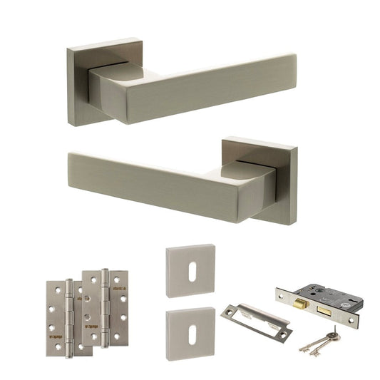 Atlantic UK Hardware Satin Nickel 2.5" Sashlock Lock Set 4" Slim Knuckle Hinges x2 Senza Pari Panetti on Square Rose ADP