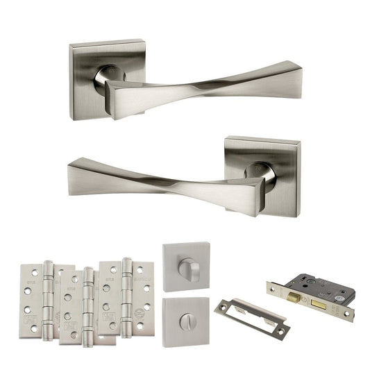 Atlantic UK Hardware Satin Nickel 3" Bathroom Set Senza Pari Guido on Square Rose 4" Grade 13 Hinges x3 ADPSP190SN11