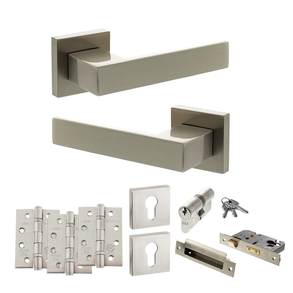 Atlantic UK Hardware Satin Nickel 3" Euro Lock Set 4" Grade 13 Hinges x3 Senza Pari Panetti on Square Rose ADPSP217SN23