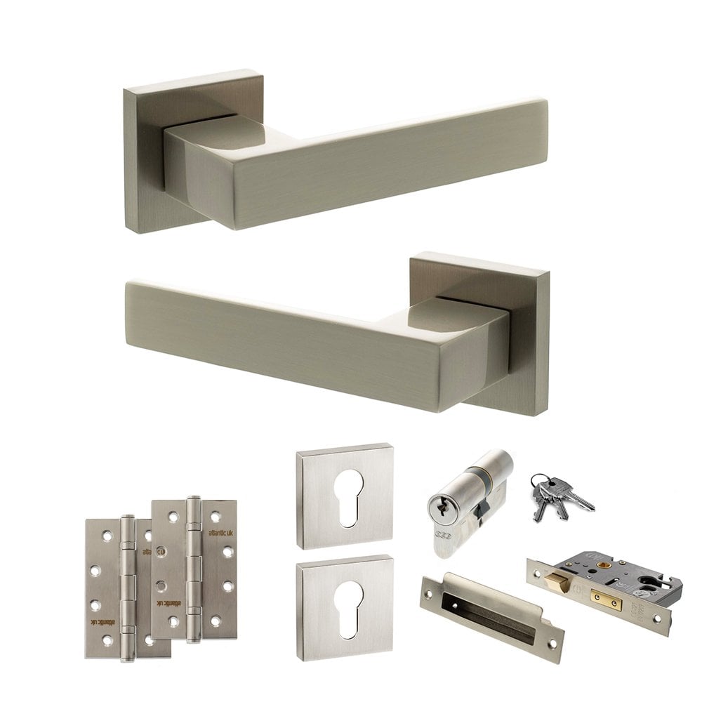 Atlantic UK Hardware Satin Nickel 3" Euro Lock Set 4" Slim Knuckle Hinges x2 Senza Pari Panetti on Square Rose ADPSP217S