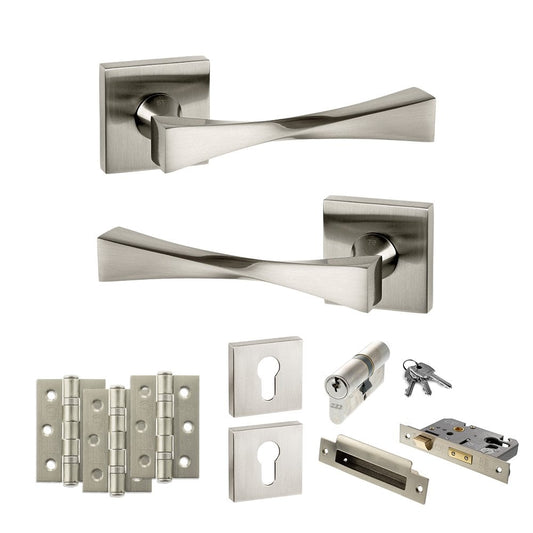 Atlantic UK Hardware Satin Nickel 3" Euro Lock Set Senza Pari Guido on Square Rose 3" Grade 7 Hinges x3 ADPSP190SN21