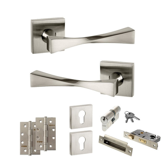 Atlantic UK Hardware Satin Nickel 3" Euro Lock Set Senza Pari Guido on Square Rose 4" Slim Knuckle Hinges x2 ADPSP190SN2