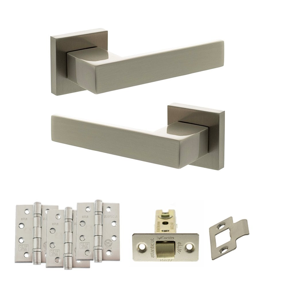 Atlantic UK Hardware Satin Nickel 3" Latch Set 4" Grade 13 Hinges x3 Senza Pari Panetti on Square Rose ADPSP217SN4
