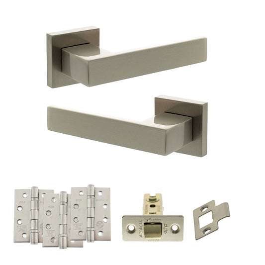 Atlantic UK Hardware Satin Nickel 3" Latch Set 4" Grade 13 Hinges x3 Senza Pari Panetti on Square Rose ADPSP217SN4