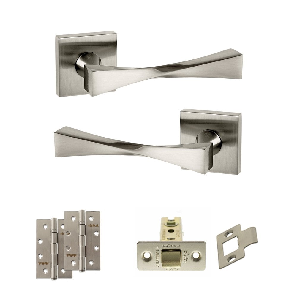 Atlantic UK Hardware Satin Nickel 3" Latch Set Senza Pari Guido on Square Rose 4" Slim Knuckle Hinges x2 ADPSP190SN6