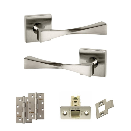 Atlantic UK Hardware Satin Nickel 3" Latch Set Senza Pari Guido on Square Rose 4" Slim Knuckle Hinges x2 ADPSP190SN6
