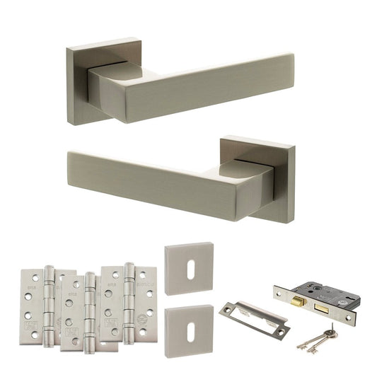 Atlantic UK Hardware Satin Nickel 3" Sashlock Lock Set 4" Grade 13 Hinges x3 Senza Pari Panetti on Square Rose ADPSP217S