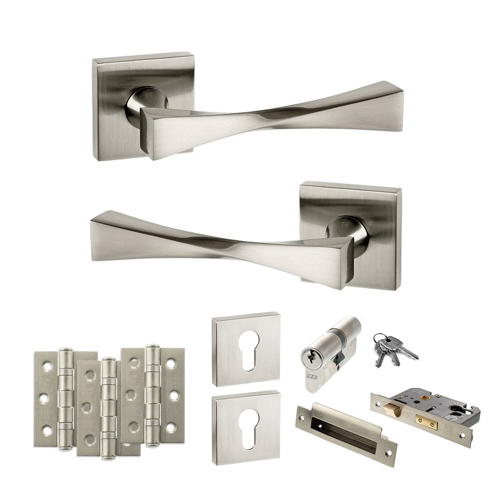 Atlantic UK Hardware Senza Pari Satin Nickel 2.5" Euro Lock Set Guido on Square Rose 3" Grade 7 Hinges x3 ADPSP190SN20