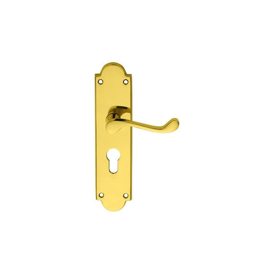 Carlisle Brass Polished Brass Euro Lock Victorian Scroll Lever on Shaped Backplate M68Y