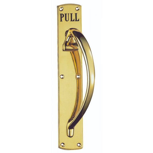 Carlisle Brass Polished Brass Right Hand Engraved Large Pull Handle 453mmx75mm Backplate, 334mm Handle, 90m Projection P
