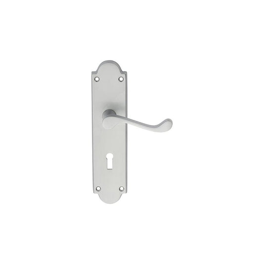 Carlisle Brass Satin Chrome Lock Standard Victorian Scroll Lever on Shaped Backplate M68SC