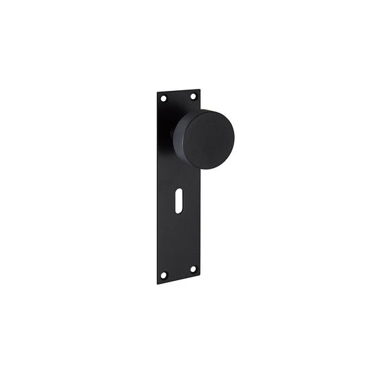 D2F ACCESSORIES Matte Black Knurled Door Knobs on Lock Backplate J70013BL