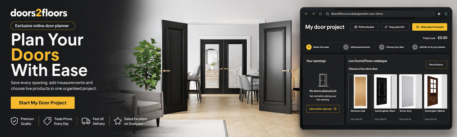 Plan your doors with ease - the exclusive Doors2Floors online door planner with live products and live prices. Start my door project.