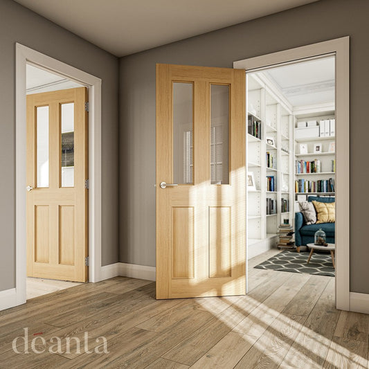 Deanta Bury Fully Finished Internal Oak Door with Clear Bevelled Glass 35NM4GBXFSC