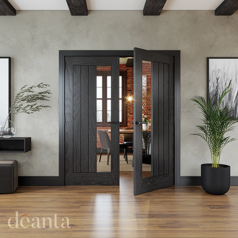 Deanta Ely Brushed Black Internal Oak Glazed 1SL Door 35ELYCGSLBXFSC, view 2
