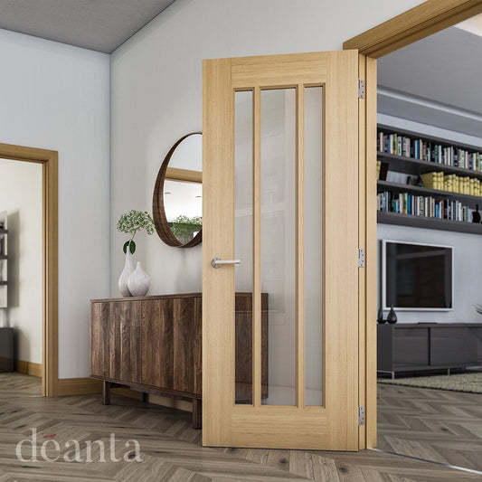 Deanta Norwich Unfinished Internal Oak Door with Clear Bevelled Glass 35NORWGUNX