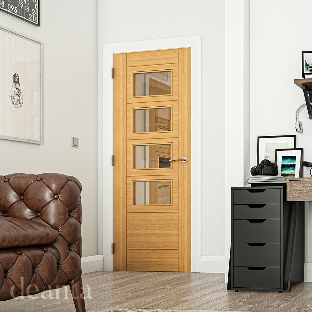Deanta Seville 4L Square Fully Finished Internal Oak Door with Clear Glass 35UK16G4XFSC, view 2