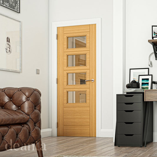 Deanta Seville 4L Square Fully Finished Internal Oak Door with Clear Glass 35UK16G4XFSC