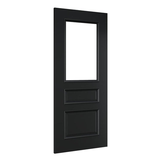 Deanta Windsor fully finished internal black FD30 fire door with clear bevelled glass