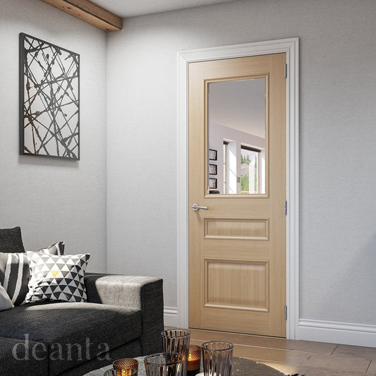 Deanta Windsor Fully Finished Internal Oak Door with Clear Bevelled Glass 35WINGXFSC
