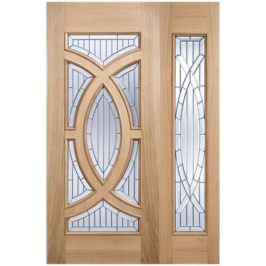 Majestic unfinished external oak door with zinc clear bevelled glass and sidelight